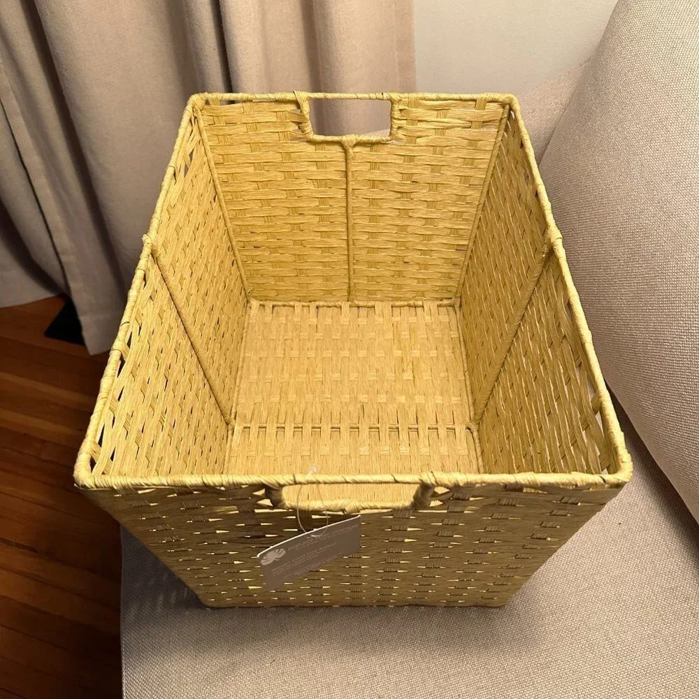 Yellow Woven Cord Tote Basket With Handles